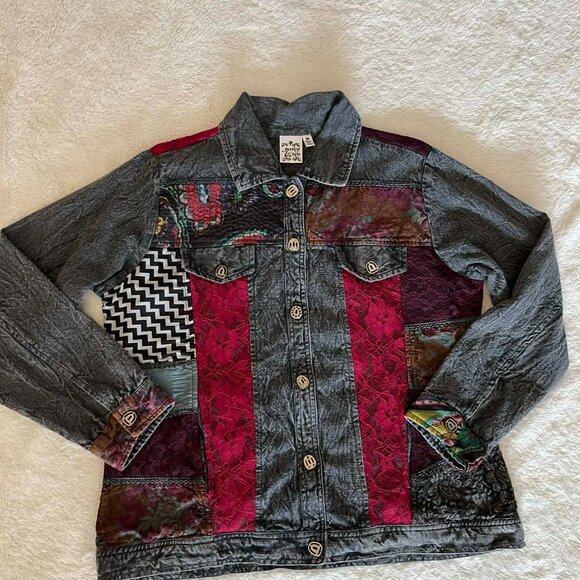 Parsely & Sage Women's Grey Denim Button Down Patchwork size Medium - Picture 4 of 7